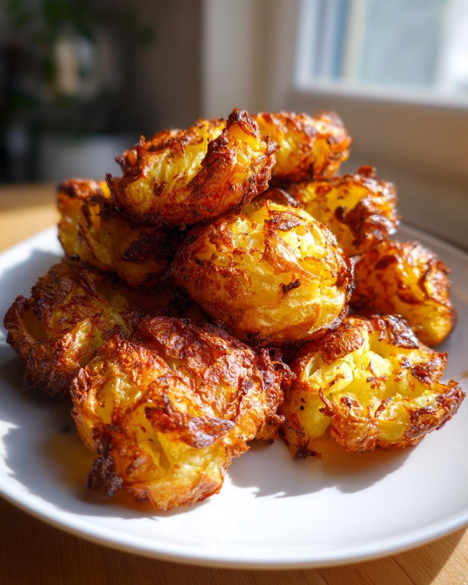 A pile of golden brown, perfectly crispy air fryer smashed potatoes stacked on a white plate.