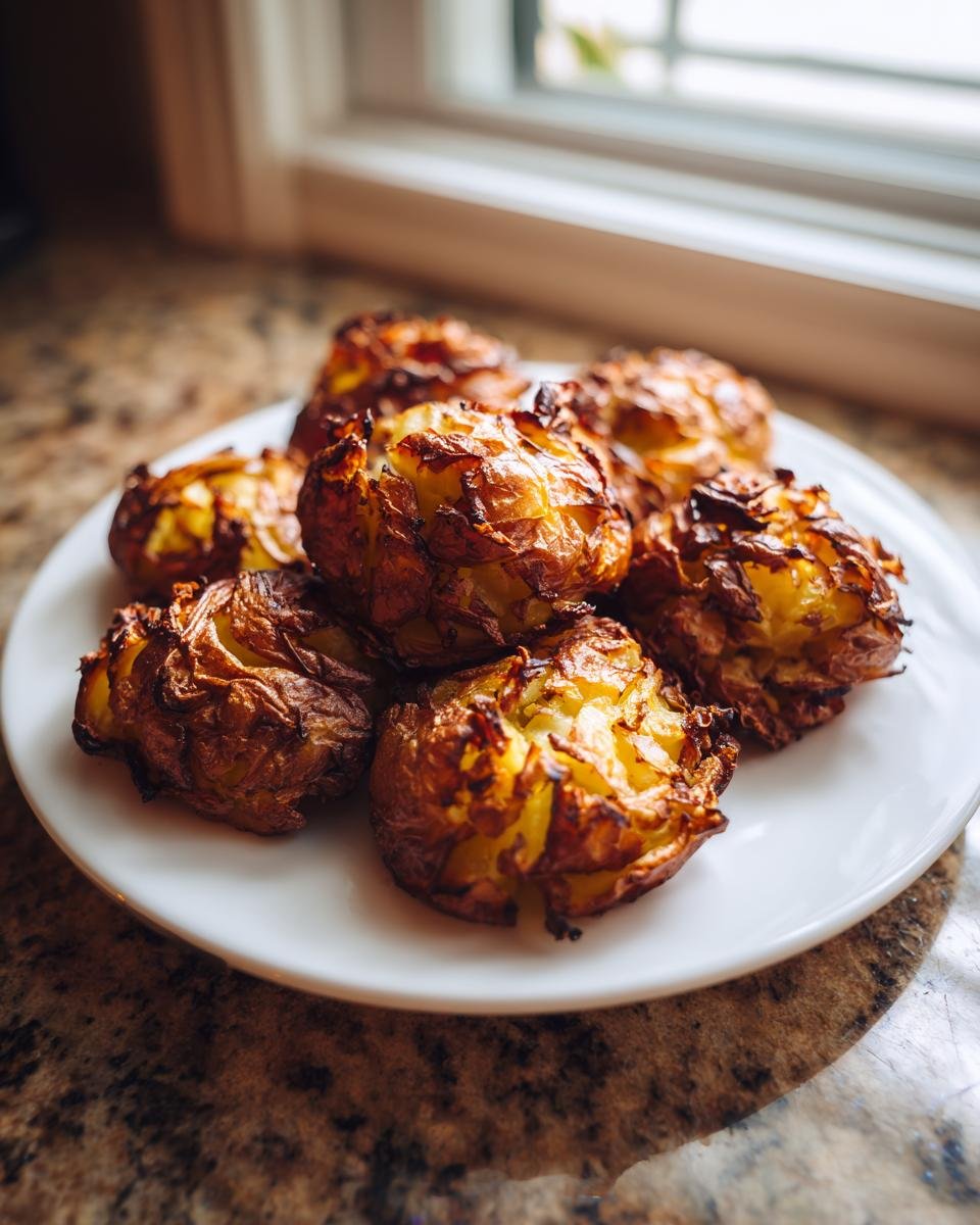 A plate of golden brown, crispy air fryer smashed potatoes with highly textured, browned edges.