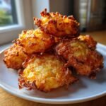A stack of golden brown, crispy air fryer smashed potatoes piled on a white plate.