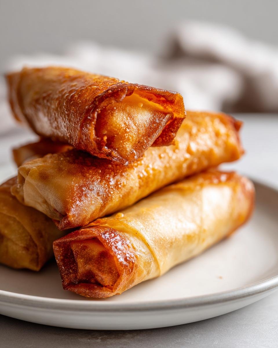 A stack of four golden brown, crispy Air Fryer Spring Rolls resting on a white plate.