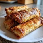 A close-up stack of four golden brown, crispy Air Fryer Spring Rolls on a white plate.