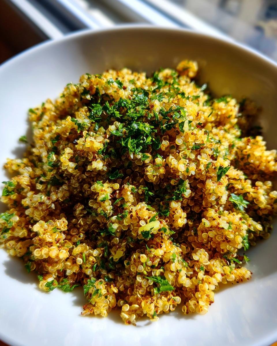 A close-up of fluffy, golden Crispy Lemon Herb Quinoa topped generously with fresh, chopped parsley in a white bowl.