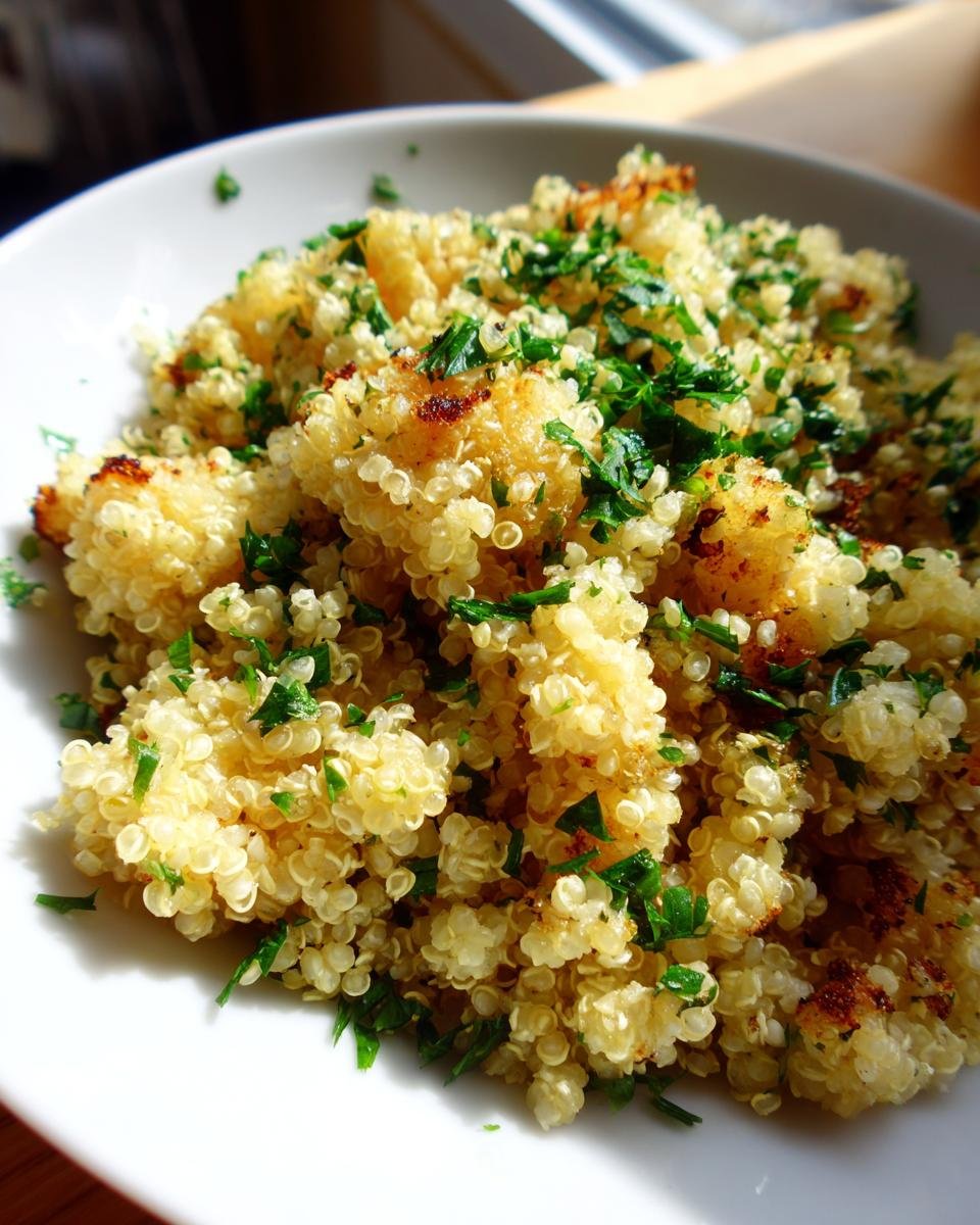 Close-up of perfectly cooked Crispy Lemon Herb Quinoa topped with fresh chopped parsley in a white bowl.