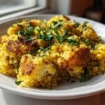 Golden, pan-seared portions of Crispy Lemon Herb Quinoa topped with fresh parsley on a white plate.