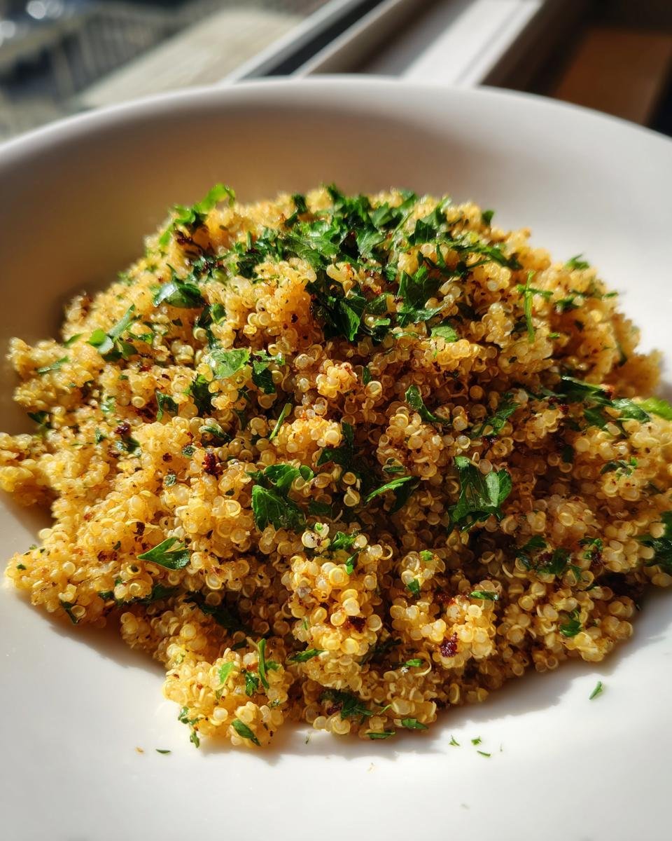 Close-up of fluffy Crispy Lemon Herb Quinoa topped generously with fresh chopped parsley in a white bowl.
