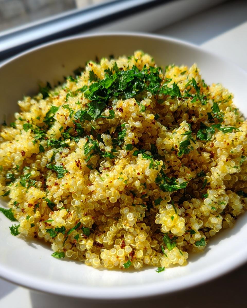 Close-up of fluffy Crispy Lemon Herb Quinoa topped generously with fresh chopped parsley.
