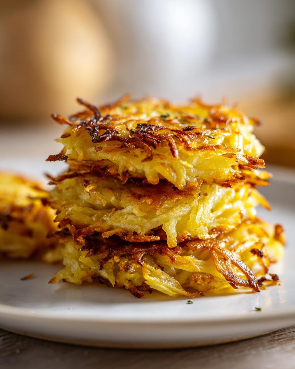 A close-up stack of three golden brown, crispy Air Fryer Latkes on a white plate.
