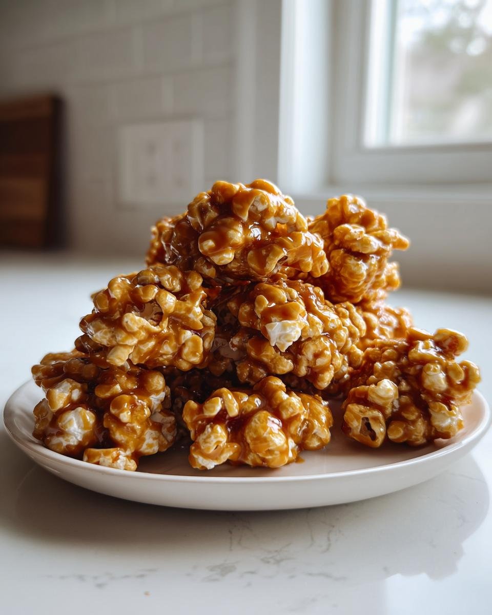 A stack of glossy, homemade Caramel Corn clusters piled high on a small white plate.