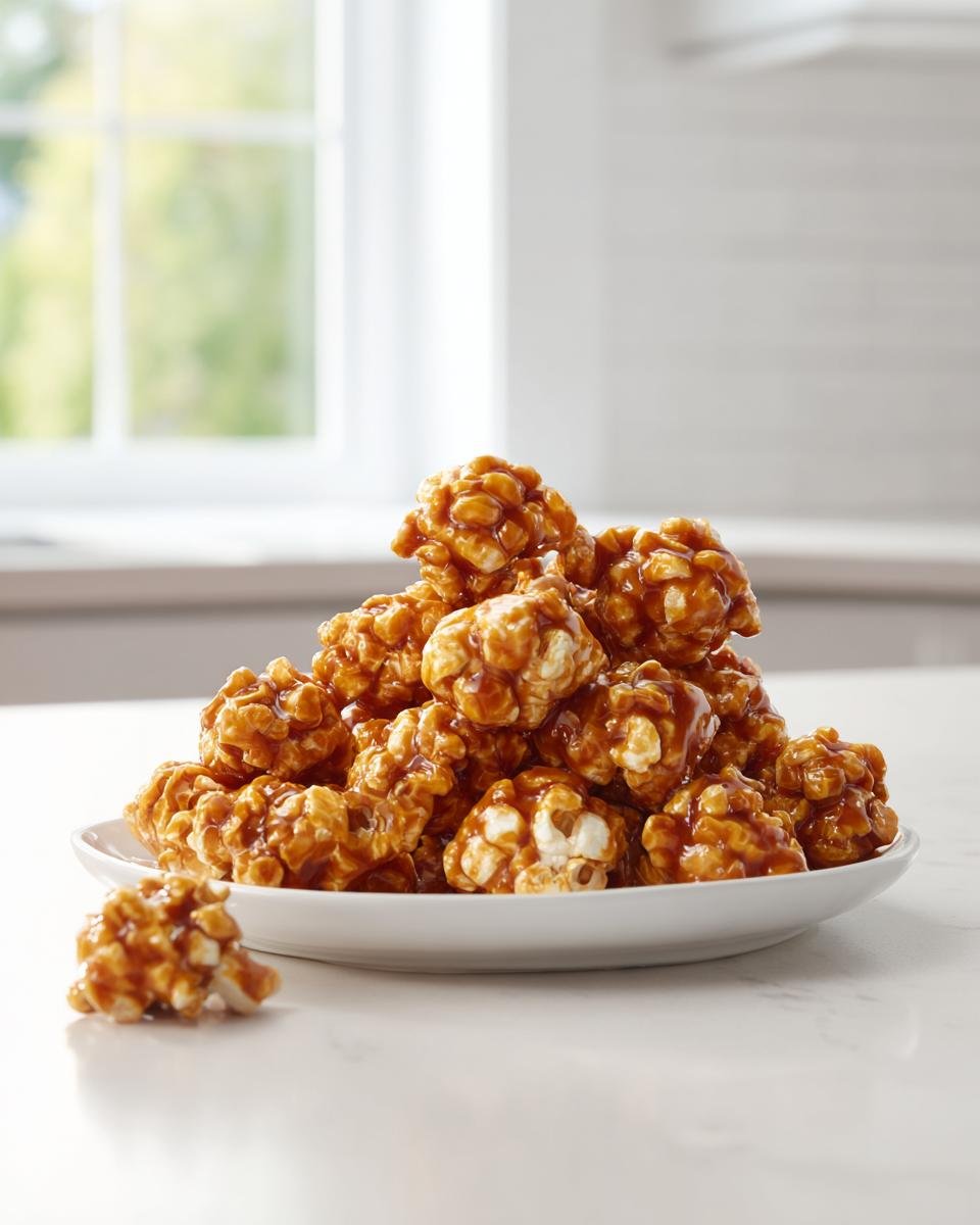 A generous pile of crunchy Caramel Corn clusters coated in thick caramel sauce, served on a white plate.