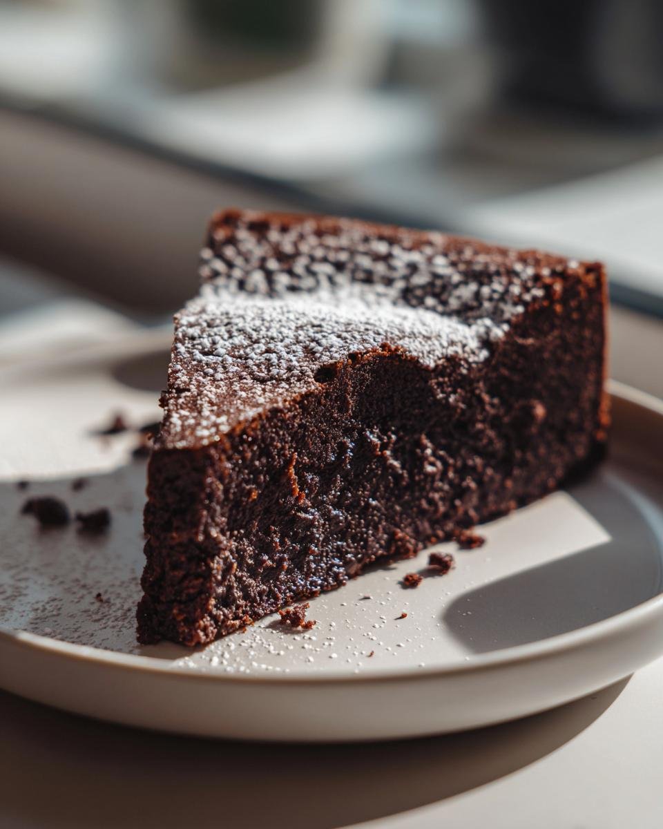 A rich, dark slice of Decadent Flourless Chocolate Cake dusted with powdered sugar on a light plate.