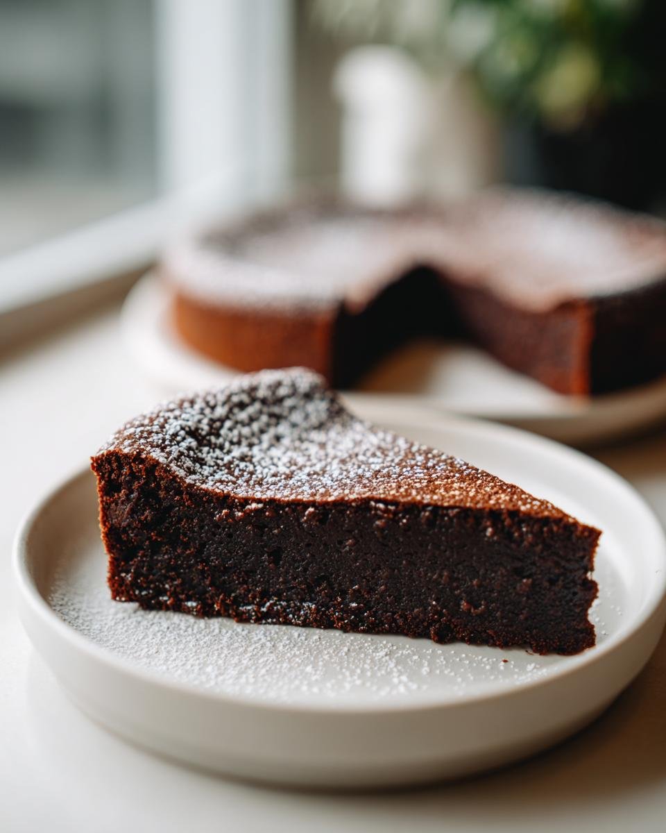 A rich, dark slice of Decadent Flourless Chocolate Cake dusted with powdered sugar on a white plate.