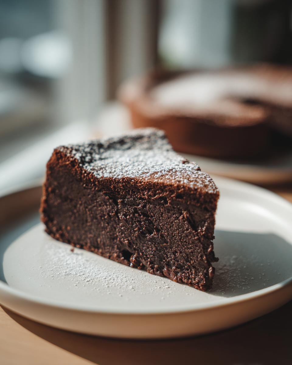 A rich, dark slice of Decadent Flourless Chocolate Cake dusted with powdered sugar on a light plate.
