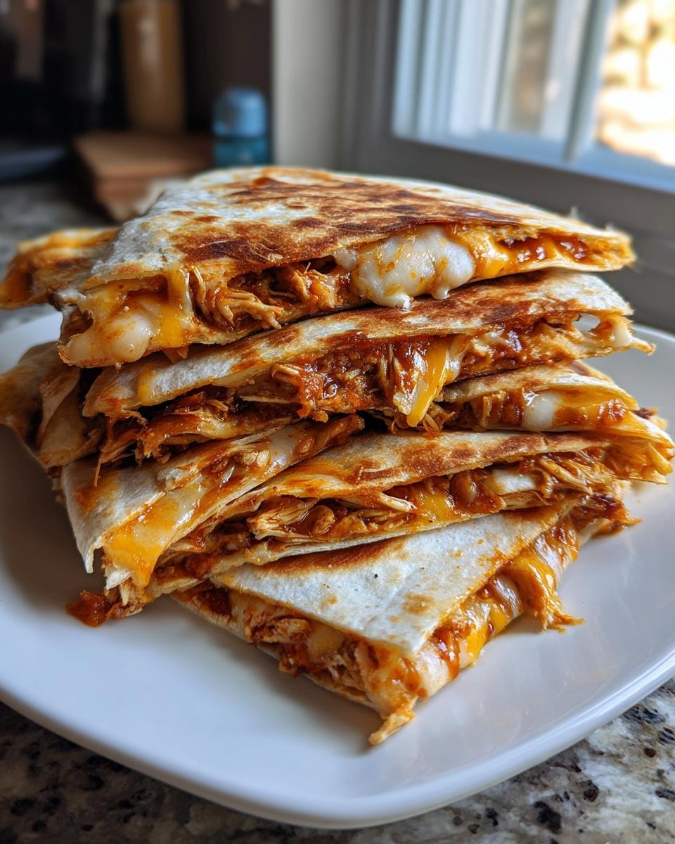A tall stack of golden-brown, cheesy triangles from a Delicious Chicken Quesadilla Recipe, showing melted cheese and shredded chicken filling.