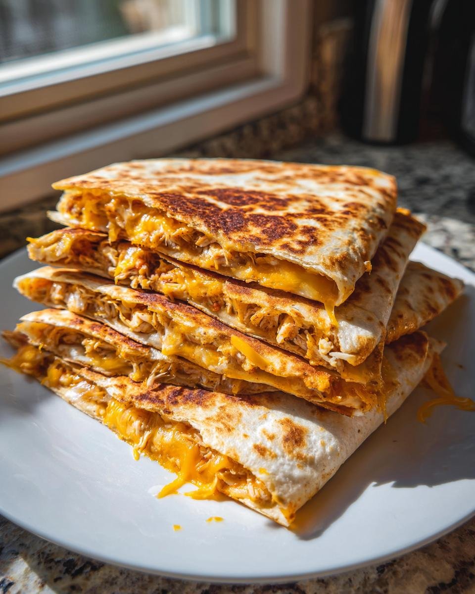 A stack of golden-brown, cheesy Delicious Chicken Quesadilla Recipe triangles oozing melted cheddar cheese.