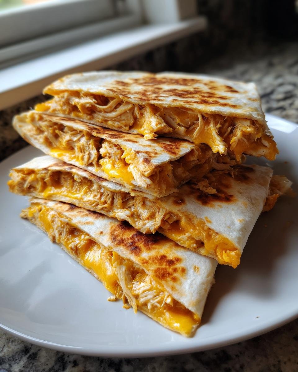 Stack of four golden-brown quesadilla wedges filled with shredded chicken and melted orange cheese, part of a Delicious Chicken Quesadilla Recipe.