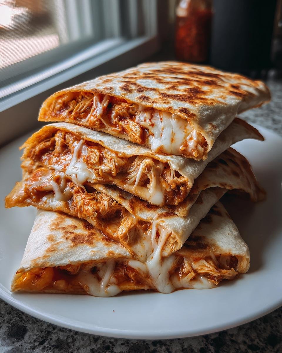 A stack of four quarters of a Delicious Chicken Quesadilla Recipe oozing with melted white cheese and shredded chicken.