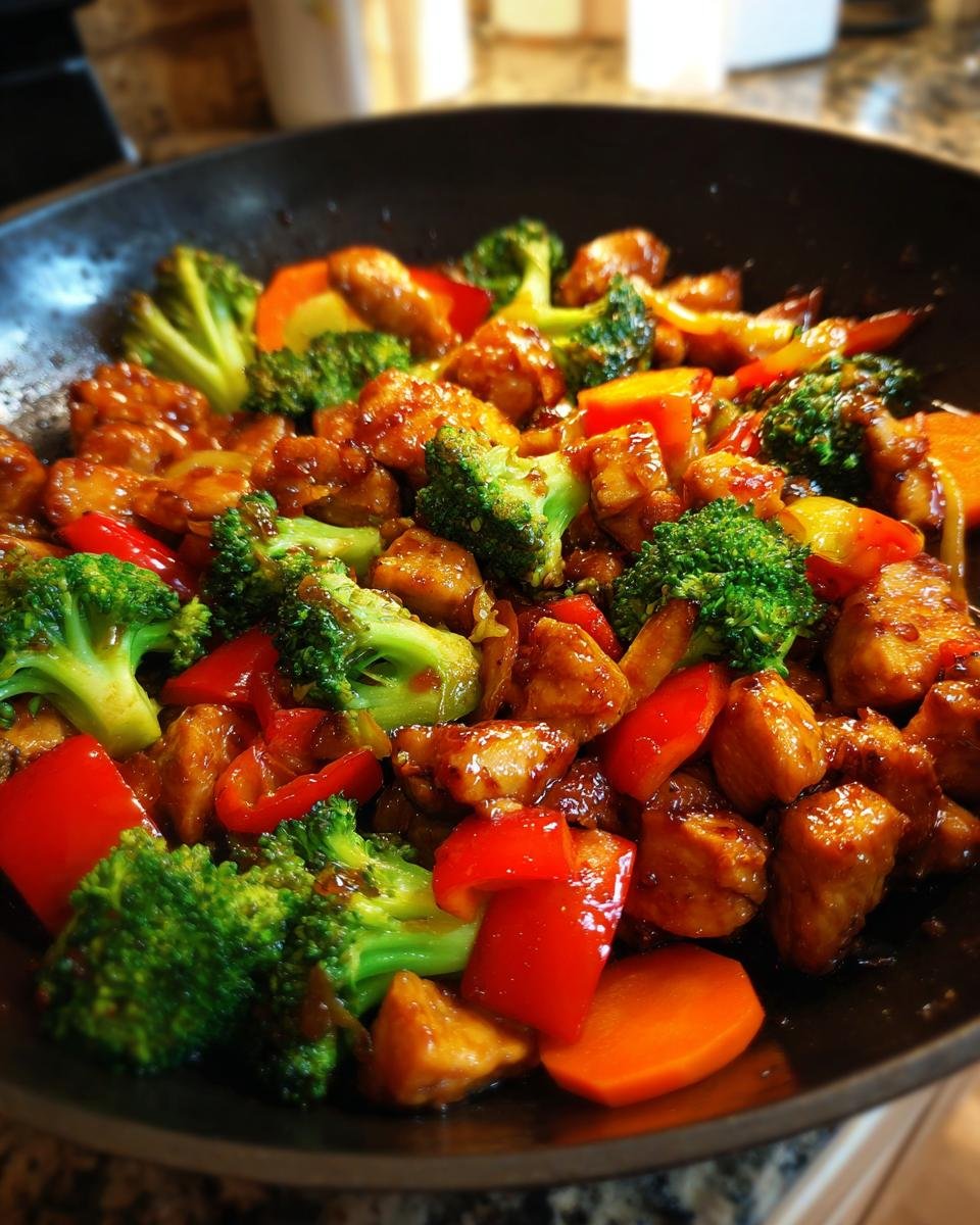 Close-up of Delicious Chicken Stir Fry With Veggies including broccoli, red peppers, and carrots in a dark wok.
