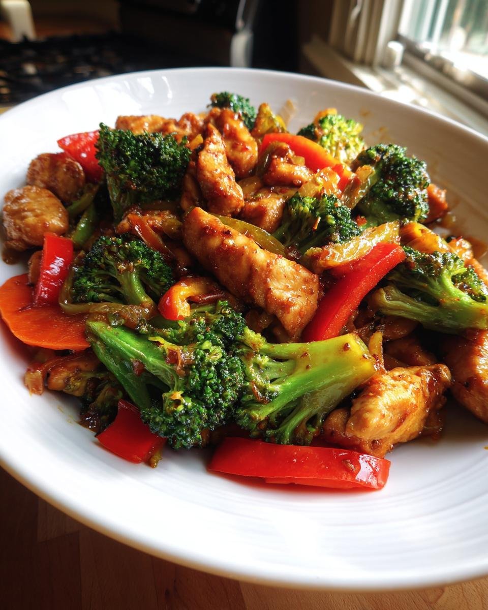 Close-up of Delicious Chicken Stir Fry With Veggies in a white bowl, featuring chicken pieces, bright green broccoli, and red bell peppers.