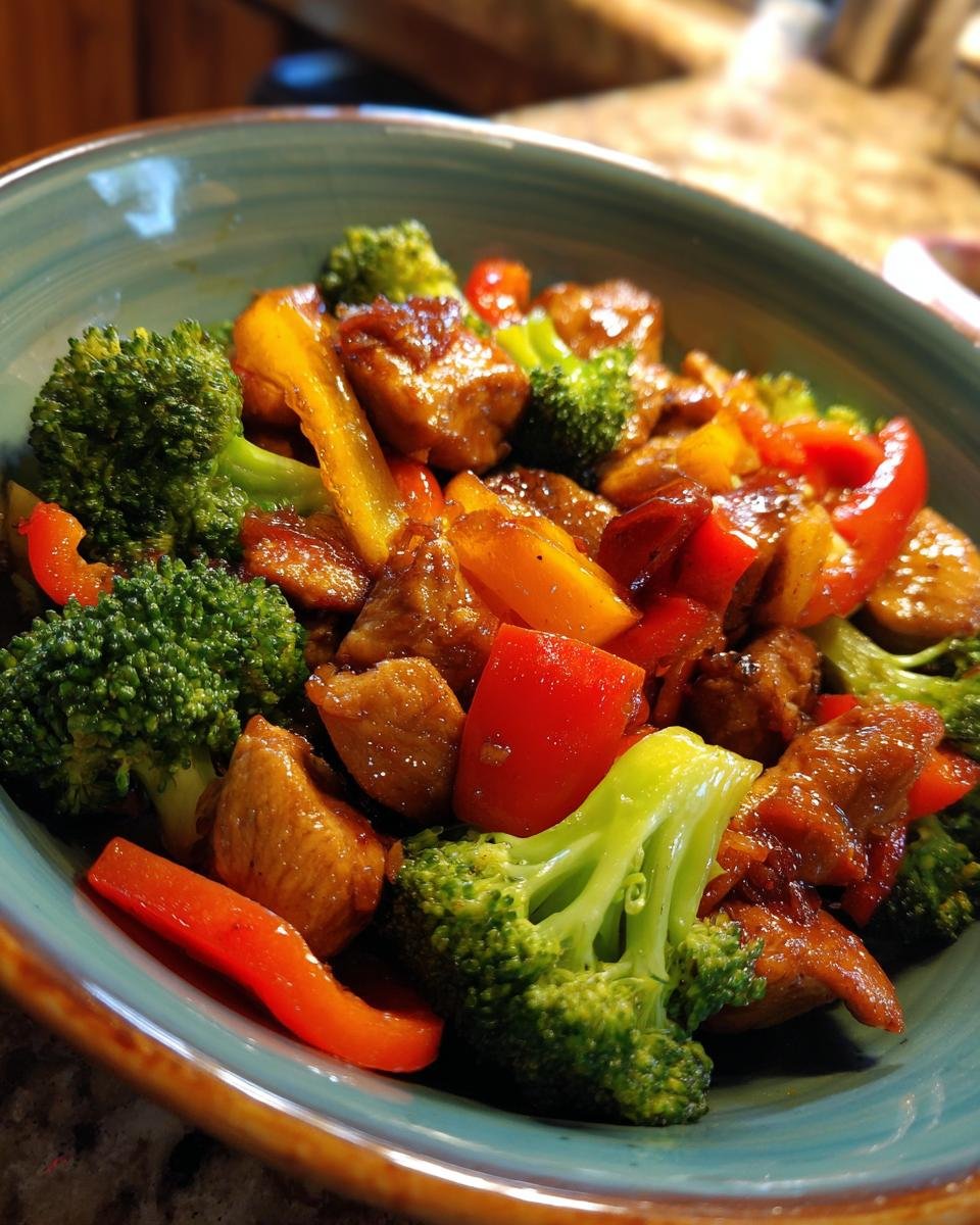 A close-up of Delicious Chicken Stir Fry With Veggies featuring glazed chicken pieces, bright green broccoli, and red/yellow bell peppers in a teal bowl.