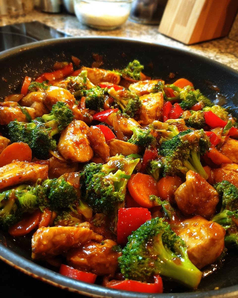 Close-up of Delicious Chicken Stir Fry With Veggies In 30 Minutes cooking in a dark wok with sauce.