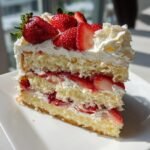 A tall slice of Delightful Strawberry Cream Cake with layers of sponge, cream, and fresh strawberries.