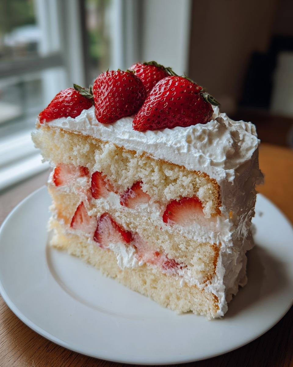A perfect slice of Delightful Strawberry Cream Cake with layers of sponge, cream, and fresh strawberries on top.