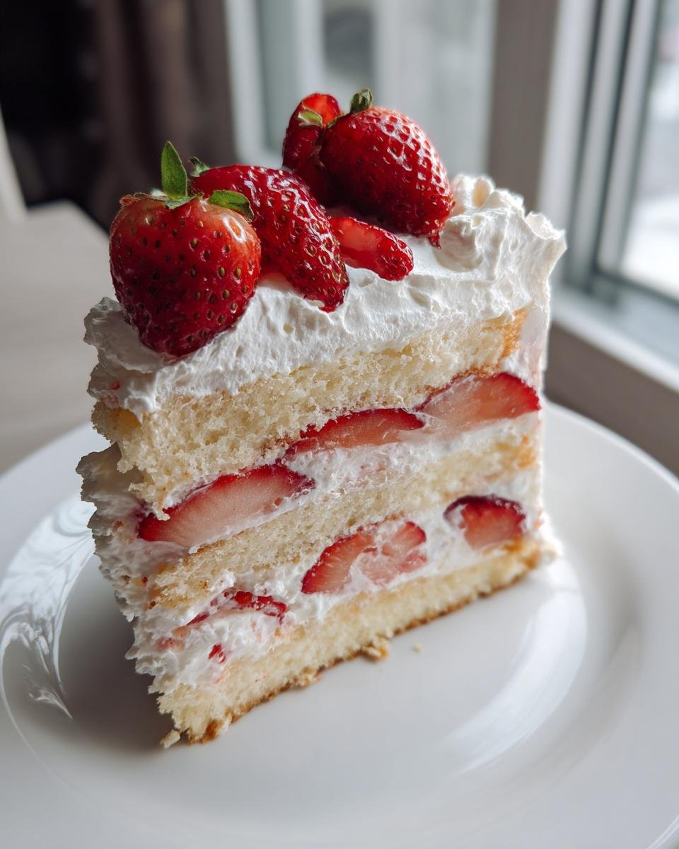 A tall slice of Delightful Strawberry Cream Cake with layers of sponge, whipped cream, and fresh strawberries on a white plate.