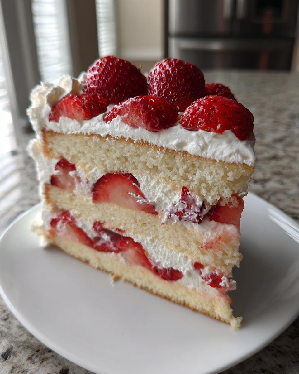 A tall slice of Delightful Strawberry Cream Cake featuring layers of sponge cake, whipped cream, and fresh strawberries.