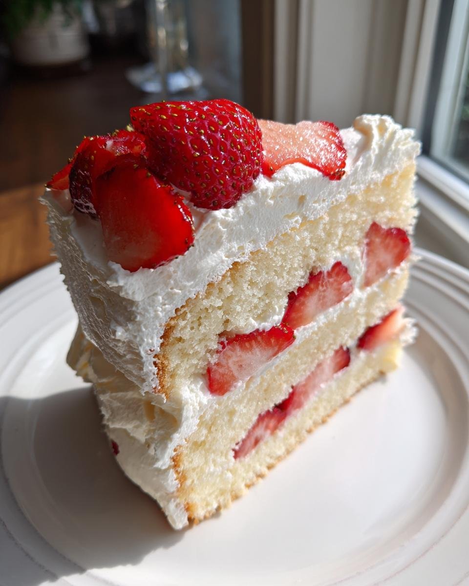 A perfect slice of Delightful Strawberry Cream Cake showing layers of sponge, whipped cream, and fresh strawberries.