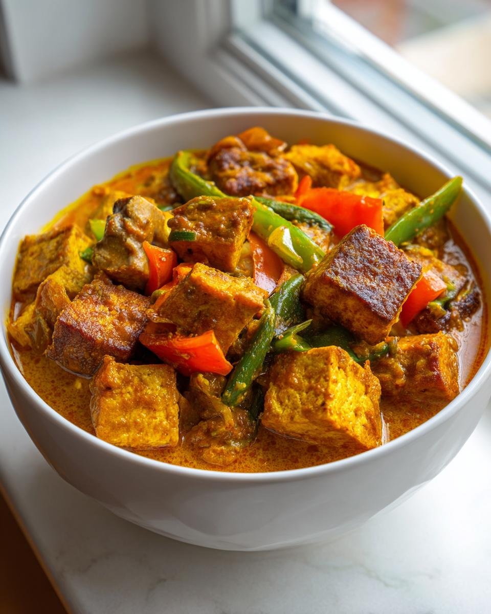 A close-up of a bowl filled with rich, orange Delightful Tofu Curry featuring browned tofu cubes and colorful vegetables.