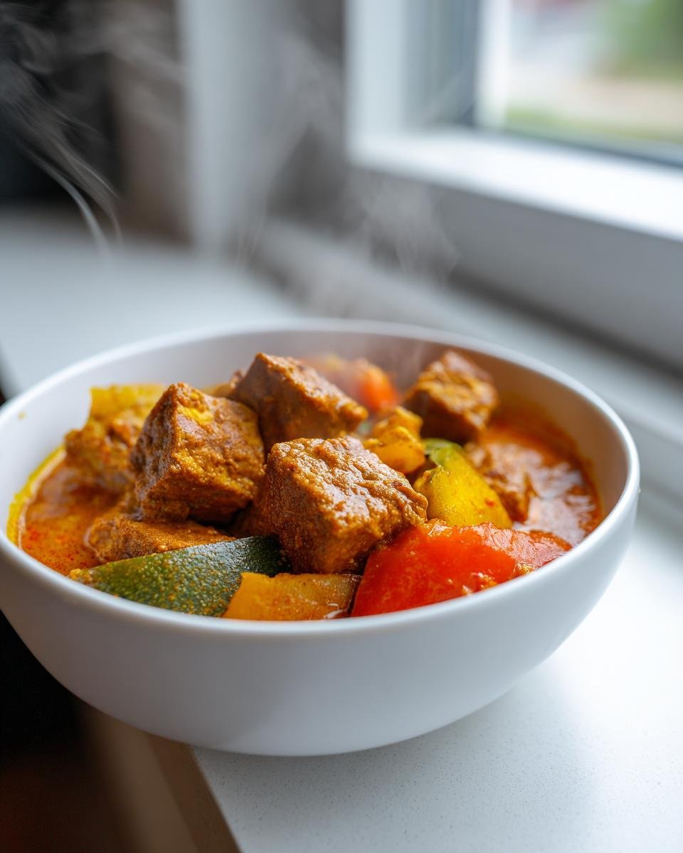 A close-up of a steaming white bowl filled with Delightful Tofu Curry, featuring large chunks of tofu and colorful vegetables.