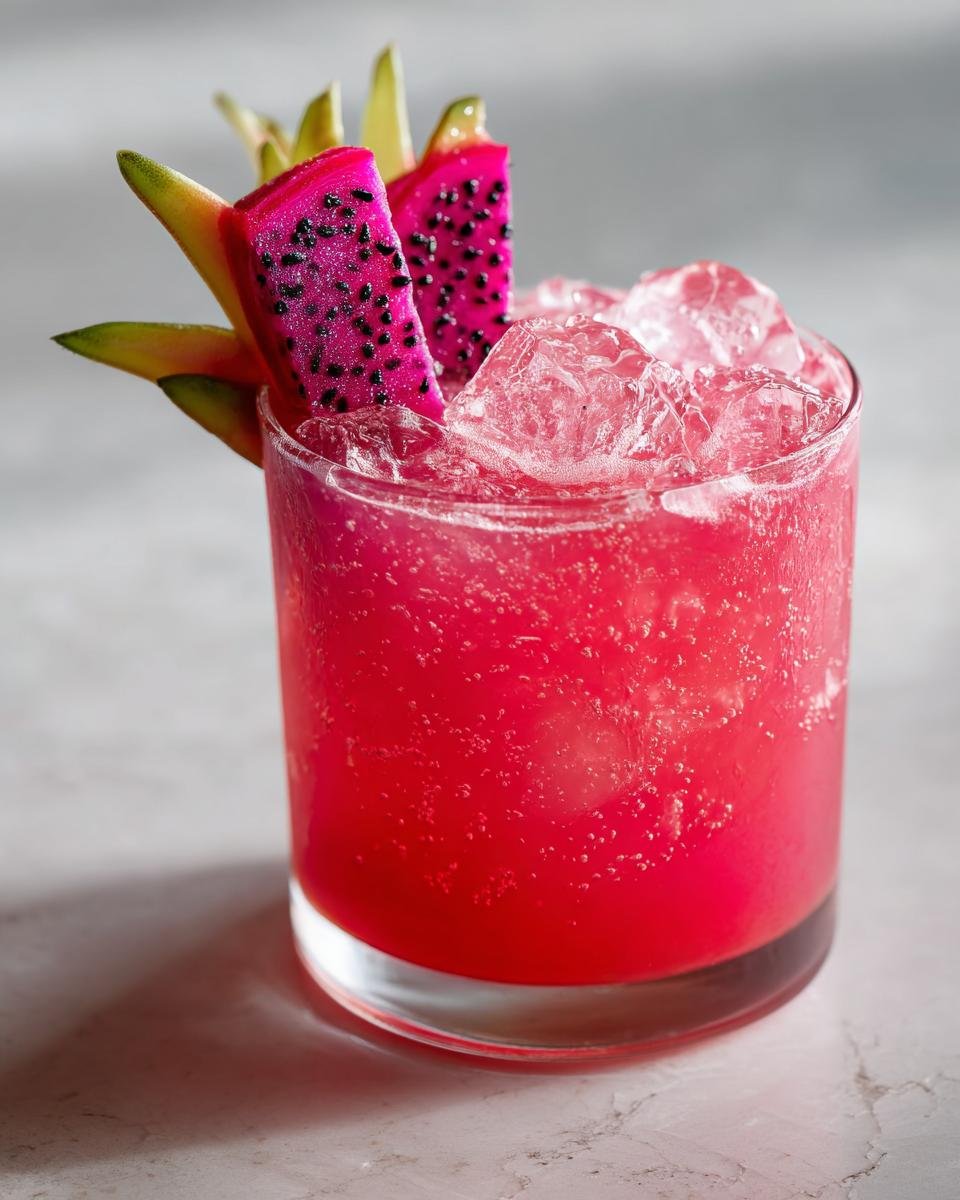 Close-up of a bright pink Dragonfruit Pineapple Smash Mocktail filled with crushed ice and garnished with pink dragonfruit slices.