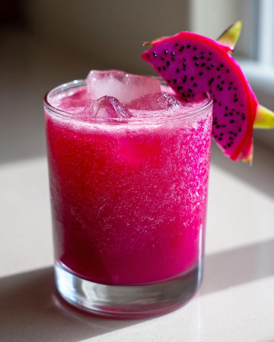 Close-up of a bright pink Dragonfruit Pineapple Smash Mocktail garnished with a slice of pink dragonfruit.
