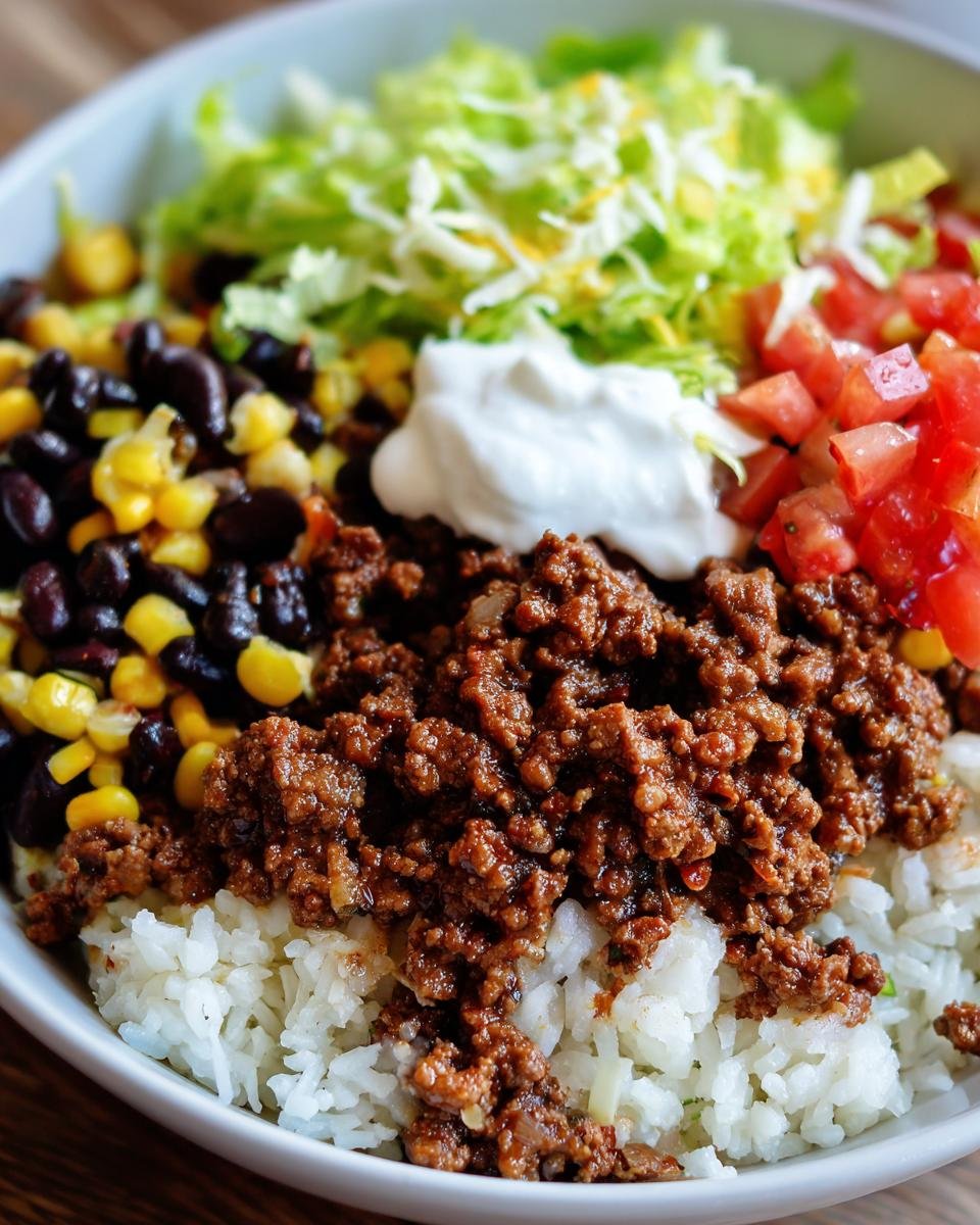 A close-up of a bowl featuring seasoned ground beef over rice, topped with black beans, corn, lettuce, tomatoes, and sour cream for Easy Beef Burrito Bowls.