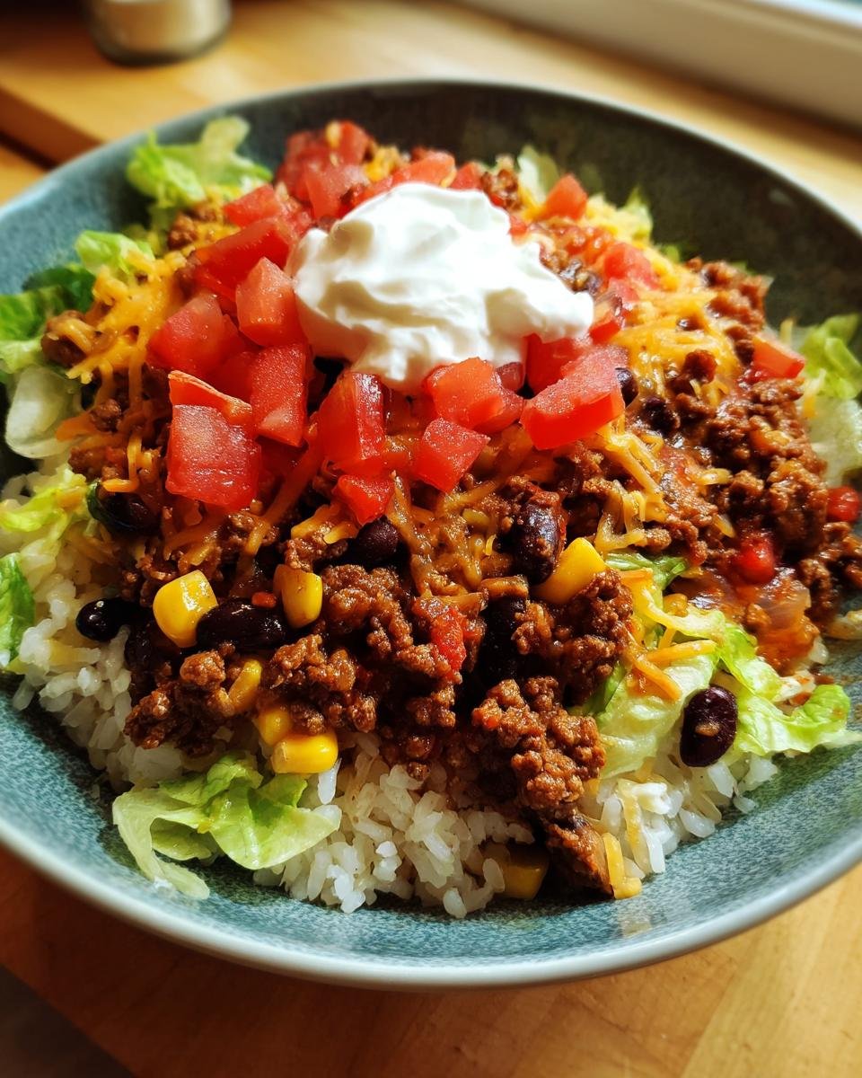 A close-up of a bowl containing Easy Beef Burrito Bowls with rice, seasoned ground beef, corn, black beans, lettuce, tomatoes, and sour cream.