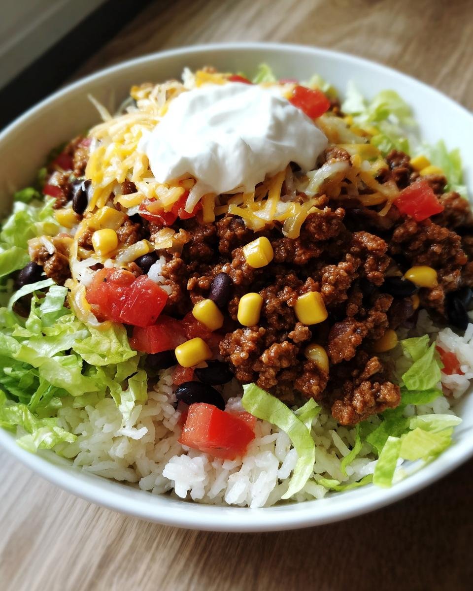 A close-up of Easy Beef Burrito Bowls layered with rice, seasoned ground beef, corn, black beans, lettuce, cheese, and sour cream.