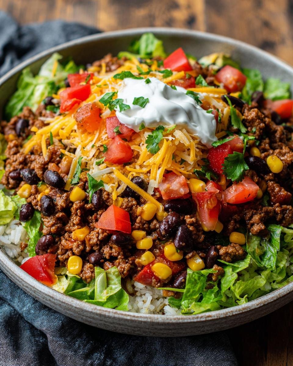 A close-up of Easy Beef Burrito Bowls featuring seasoned ground beef, rice, lettuce, black beans, corn, cheese, tomatoes, and sour cream.