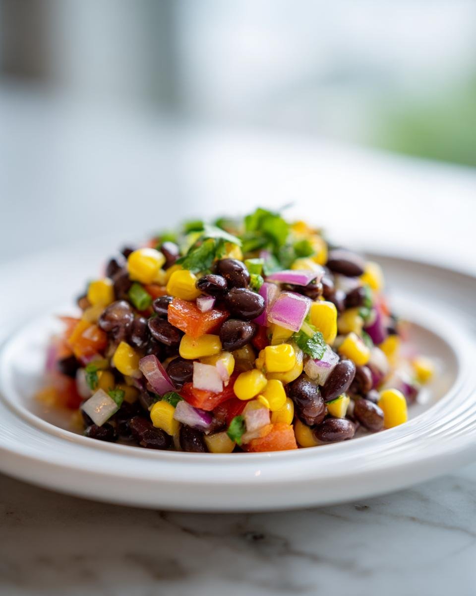 A vibrant mound of Easy Black Bean Salsa featuring black beans, corn, red onion, and tomato, garnished with cilantro.