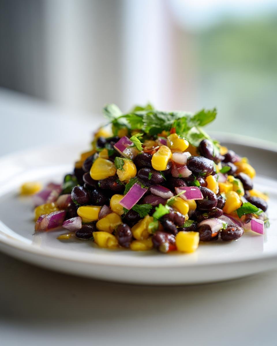 A close-up of a mound of Easy Black Bean Salsa featuring black beans, yellow corn, diced red onion, and cilantro garnish.