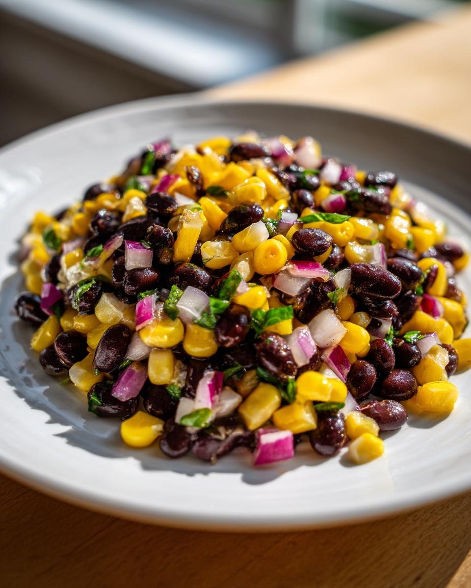 A close-up of Easy Black Bean Salsa featuring black beans, yellow corn, and diced red onion on a white plate.