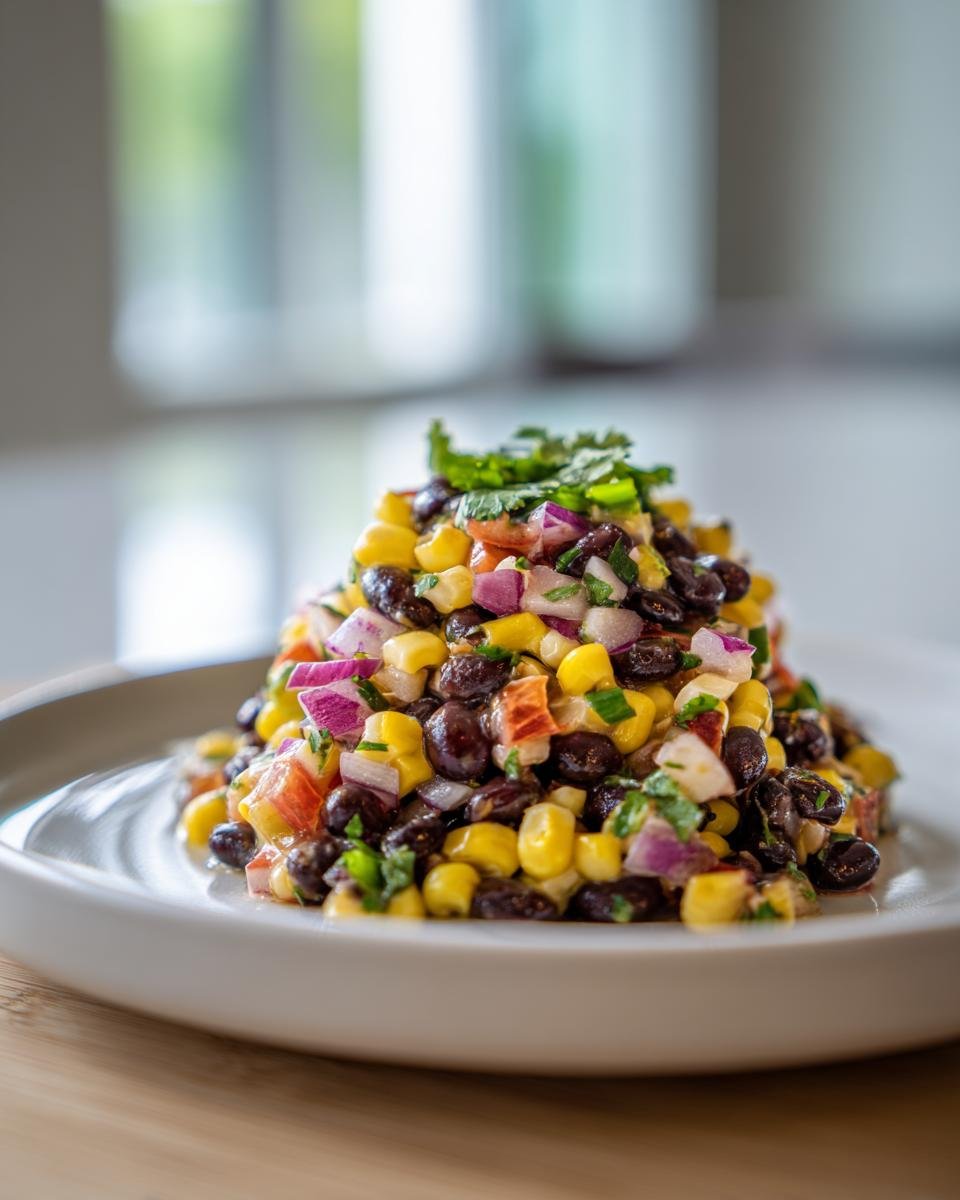 A beautifully plated serving of Easy Black Bean Salsa featuring black beans, yellow corn, and red onion, topped with cilantro.