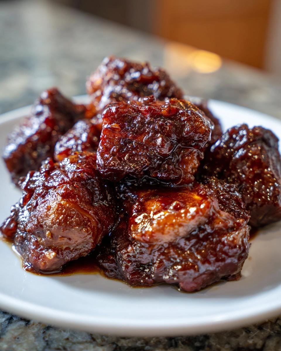 Close-up of rich, dark, and glossy pieces of Easy Chicken Adobo piled on a white plate.