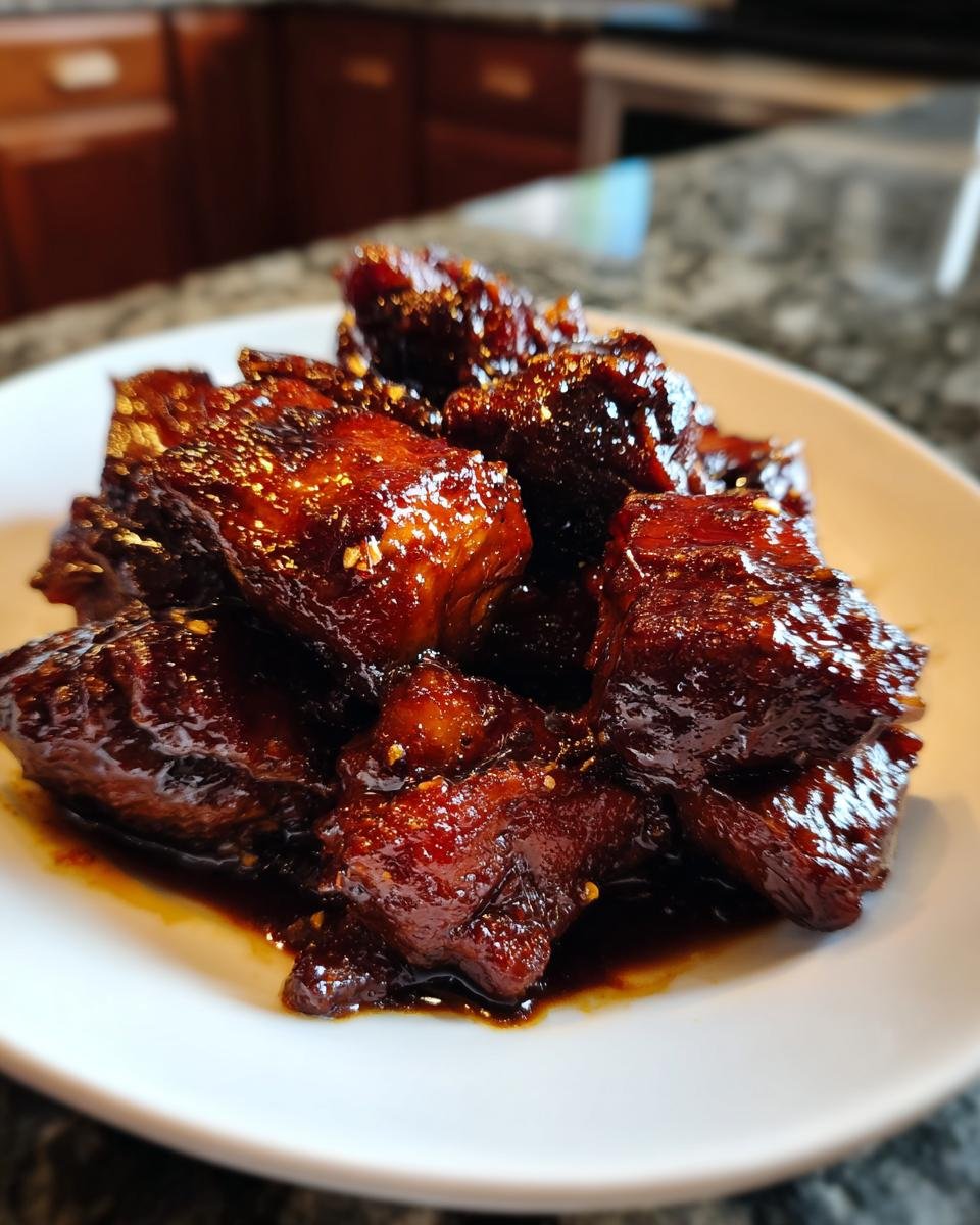 Close-up of sticky, dark glazed pieces of Easy Chicken Adobo piled on a white plate.