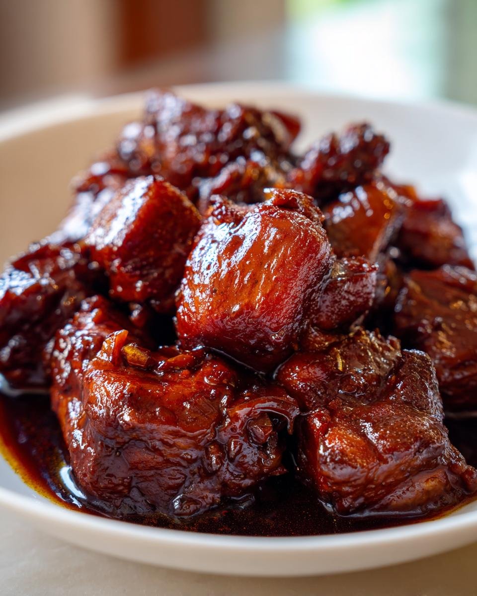 Close-up of glossy, dark brown pieces of meat coated in sauce, representing Easy Chicken Adobo.