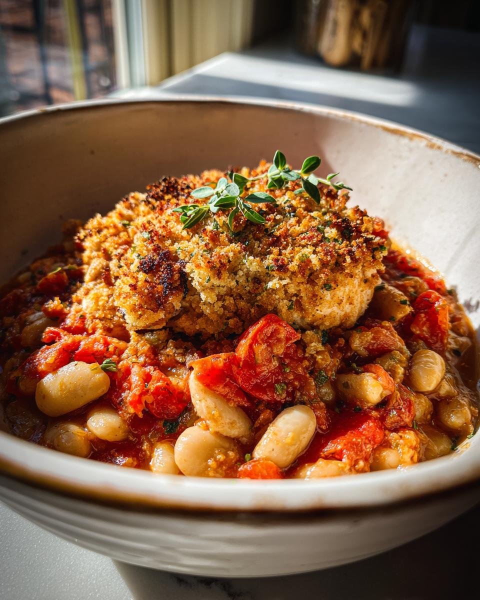 A bowl of Easy Chicken Cassoulet featuring white beans, tomatoes, and topped with a golden, herbed breadcrumb crust.