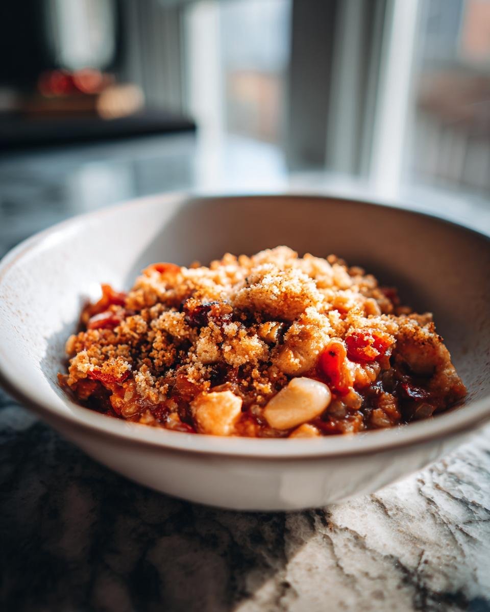 A close-up of a bowl containing Easy Chicken Cassoulet topped with golden, crunchy breadcrumbs.