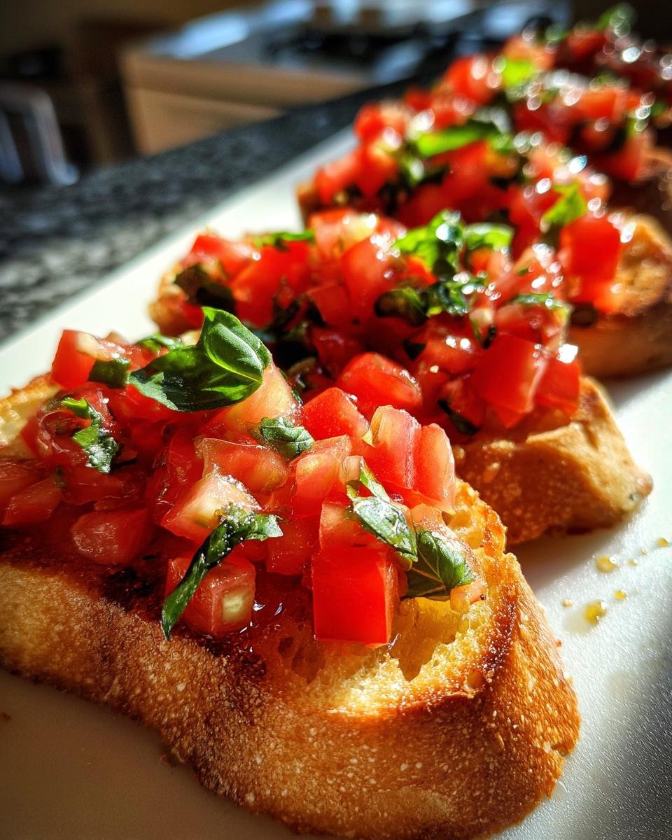 Close-up of toasted bread topped with diced tomatoes and fresh basil for My Fave Easy Classic Bruschetta.
