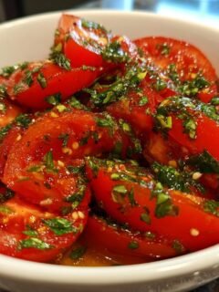 Bright red tomato wedges tossed in a vibrant dressing with chopped green herbs, part of an Easy Herb Tomato Salad.