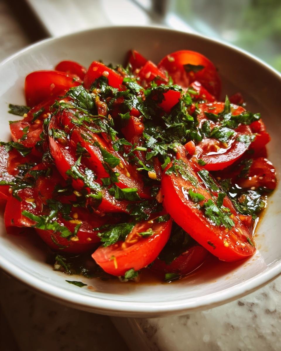 Close-up of bright red tomato wedges tossed with fresh green herbs in a white bowl, showcasing the Easy Herb Tomato Salad.