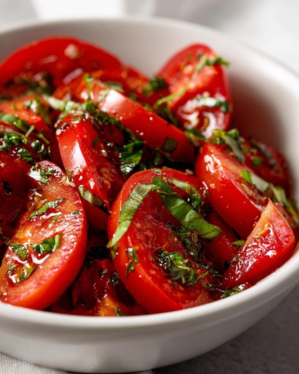 Close-up of juicy, sliced tomatoes glistening with dressing and fresh herbs in a white bowl, showcasing the Easy Herb Tomato Salad.